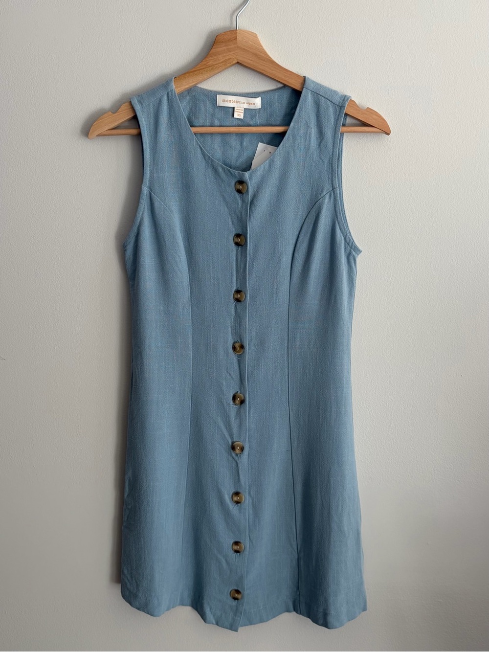 NWT Monteau Linen Blend Light Blue Sleeveless Button-Front Mini Dress